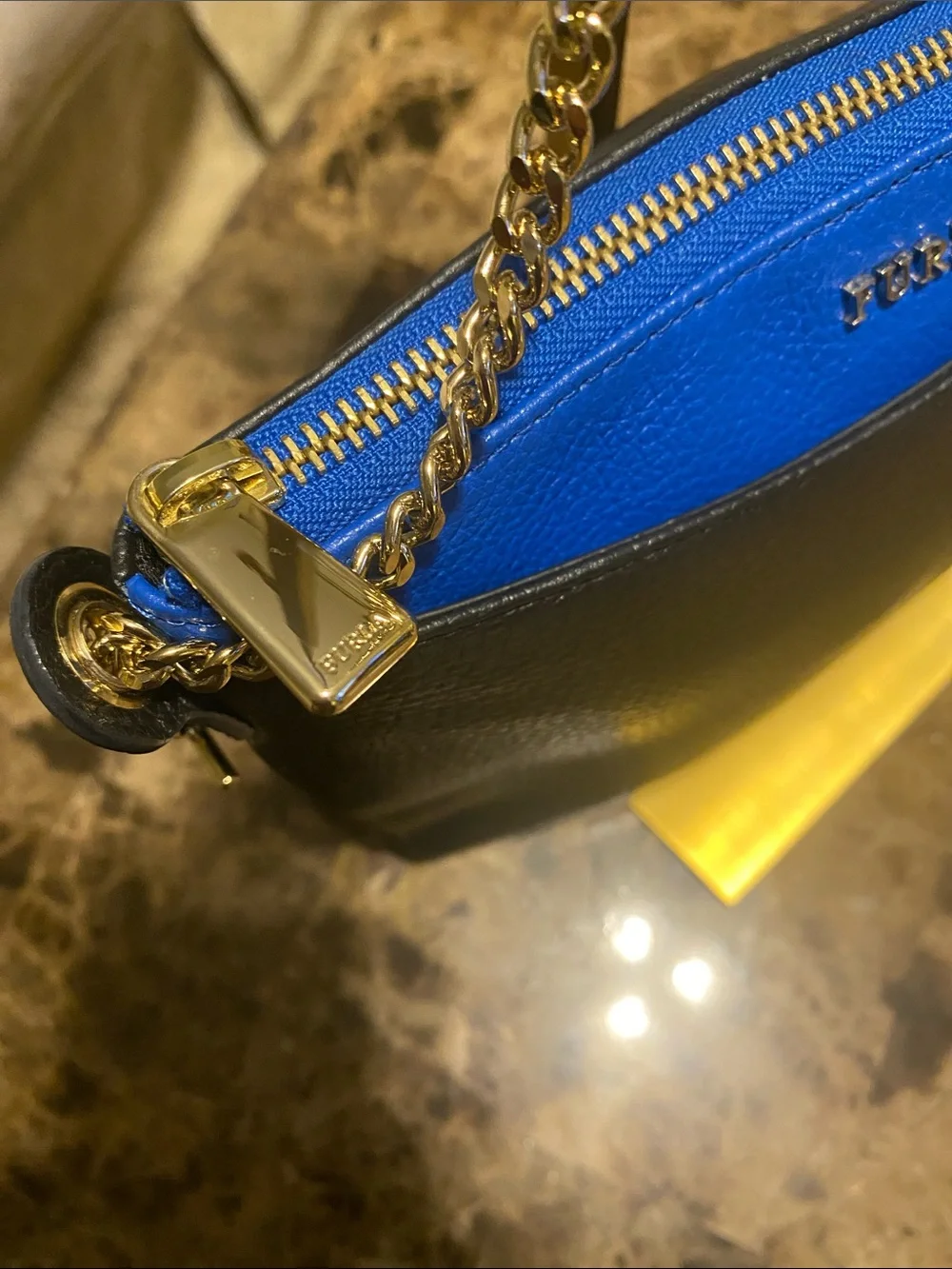 Furla Black Leather Crossbody with Blue Interior and Gold Chain